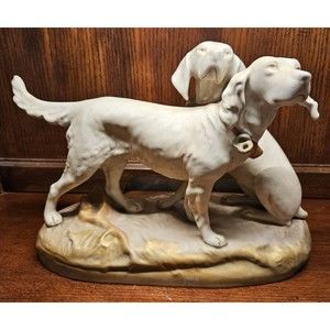 Antique c1920's Large Royal Dux Bisque Porcelain Hunting Retrievers Sculpture